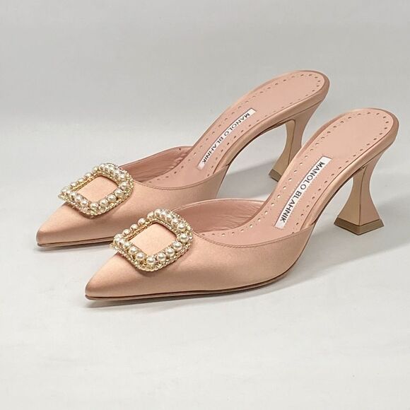 Manolo Blahnik Fabetamu 70 Embellished Satin Mules size 37 - Picture 8 of 16